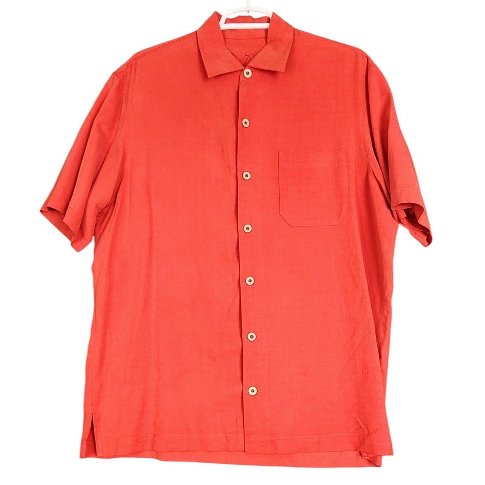 Tommy Bahama Golf‎ Orange Silk Embroidered Button Down Shirt Palm Trees Medium